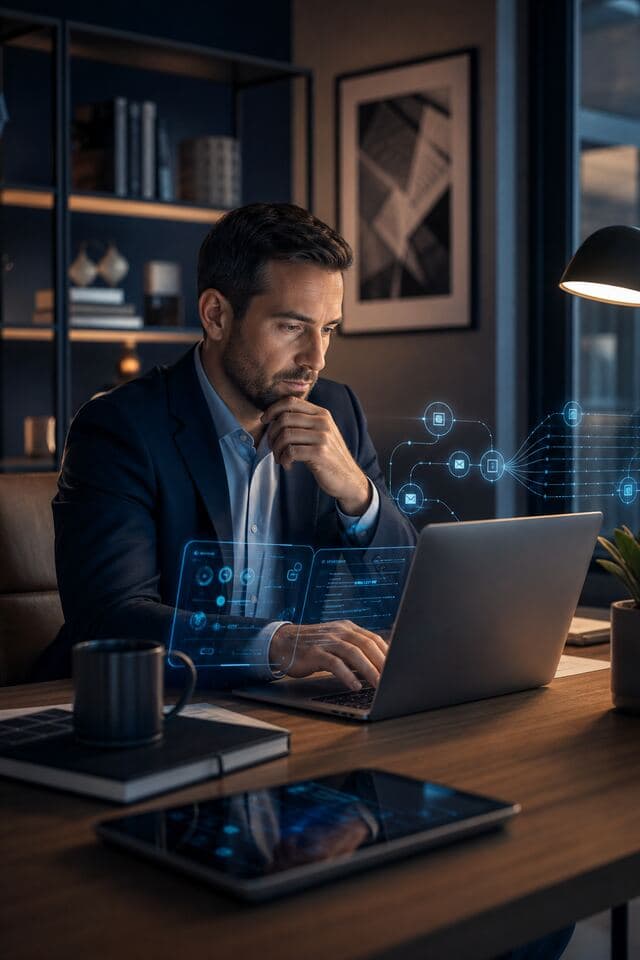 NexusAI operator reviewing automation workflows on a laptop